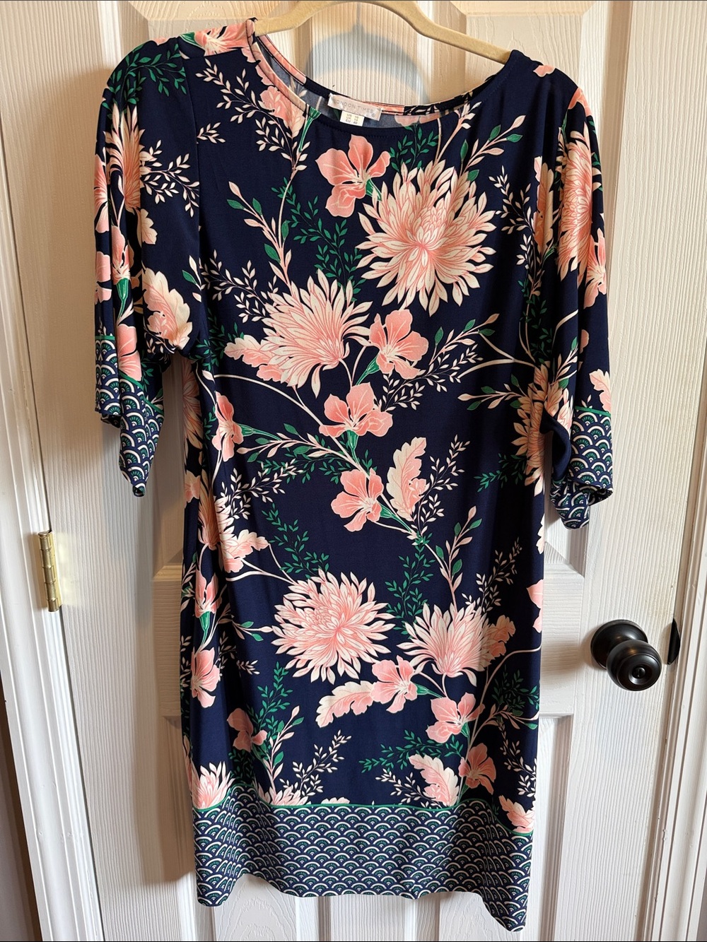 London Times Navy Floral Midi Dress with Pink Blooms